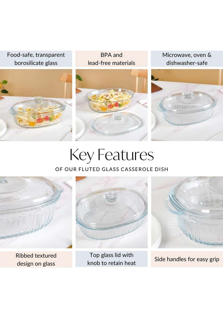 Nestasia Ribbed Borosilicate Glass Casserole with Lid | 1600 ml | 54.1 fl oz | Dishwasher Safe | Microwave Safe - Indya