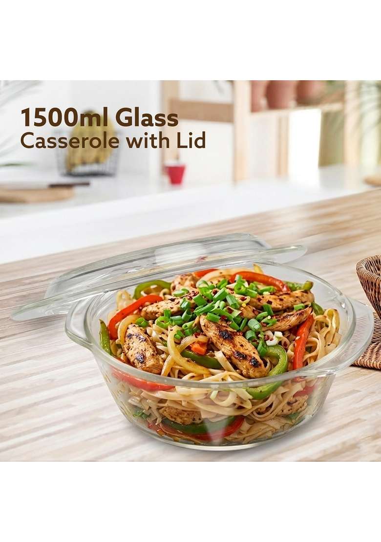 AGARO Elite Borosilicate Glass Casserole with Lid | 1500 ml | 50.7 fl oz | Dishwasher Safe | Microwave Safe - Indya