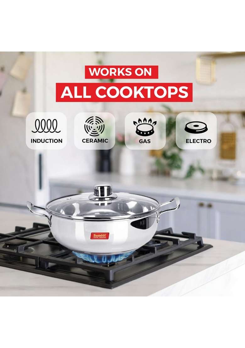 Sumeet Stainless Steel Induction Bottom | 1.5 L | 1.6 Qt | 6.6 cm | 2.6 Inch | With Lid - Indya