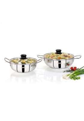Sumeet ISI Certified Stainless Steel Kadai Wok with Glass Lid and Encapsulated Heavy Bottom | 1.5 L | 1.6 Qt | 24 cm | 9.4 Inch | 2-Piece Set