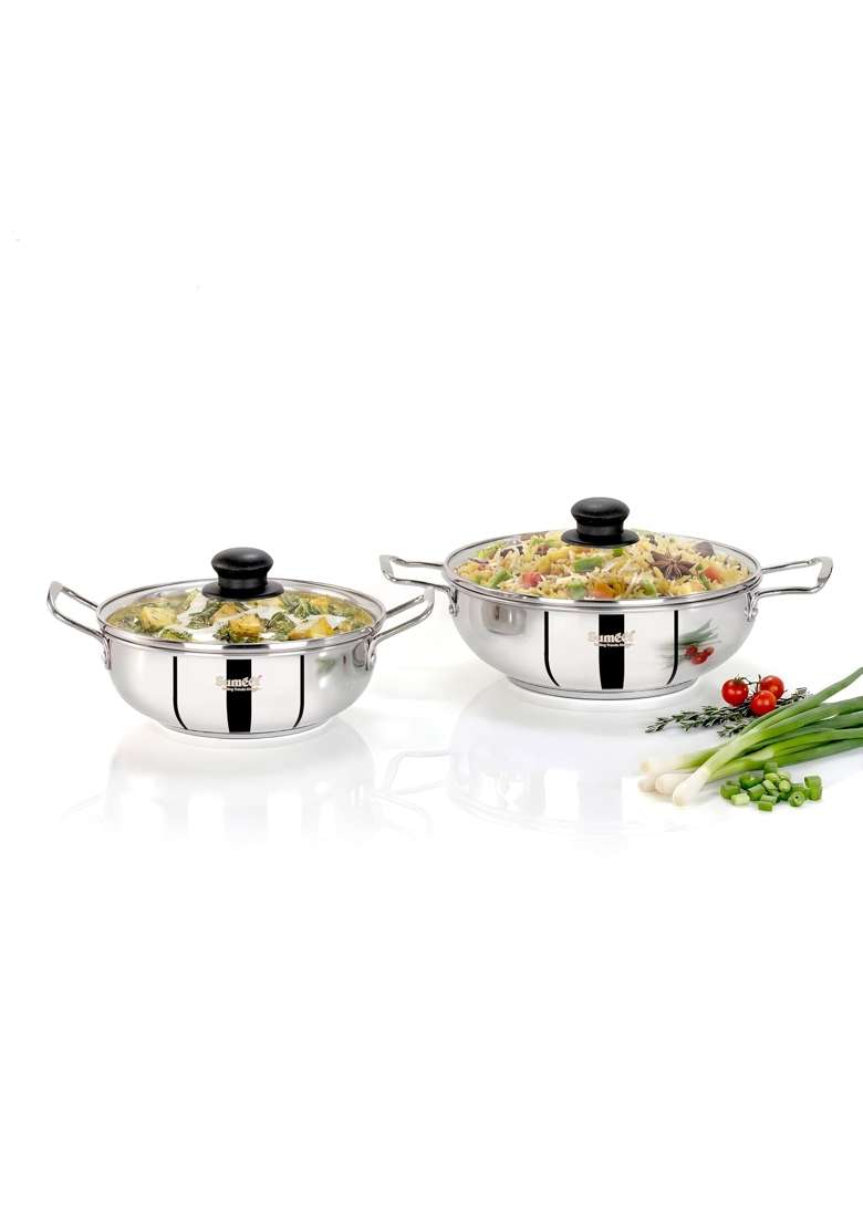 Sumeet ISI Certified Stainless Steel Kadai Wok with Glass Lid and Encapsulated Heavy Bottom | 1.5 L | 1.6 Qt | 24 cm | 9.4 Inch | 2-Piece Set - Indya