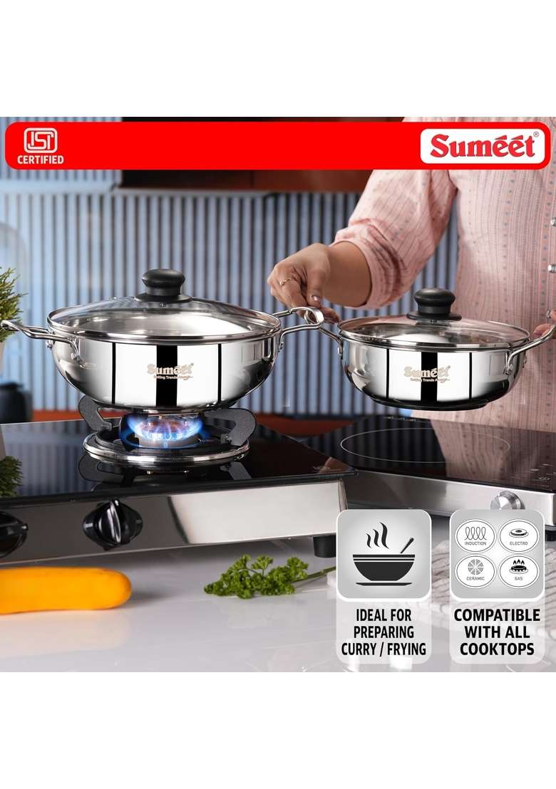 Sumeet ISI Certified Stainless Steel Kadai Wok with Glass Lid and Encapsulated Heavy Bottom | 1.5 L | 1.6 Qt | 24 cm | 9.4 Inch | 2-Piece Set - Indya