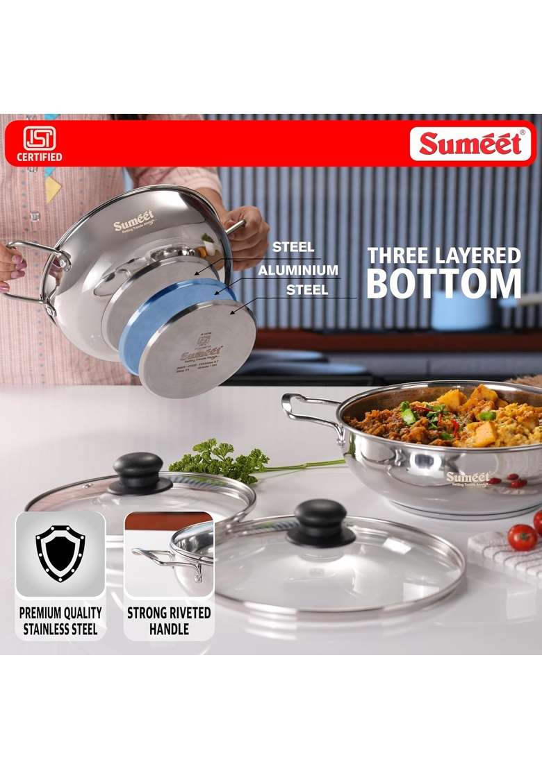 Sumeet ISI Certified Stainless Steel Kadai Wok with Glass Lid and Encapsulated Heavy Bottom | 1.5 L | 1.6 Qt | 24 cm | 9.4 Inch | 2-Piece Set - Indya