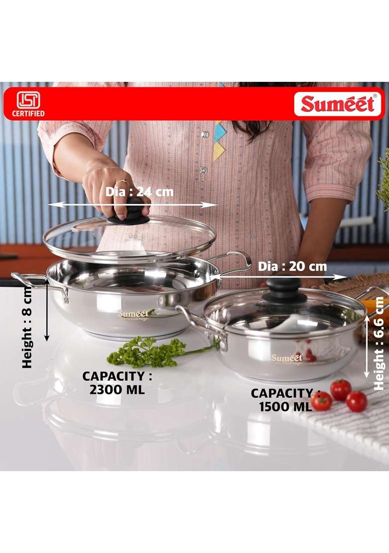 Sumeet ISI Certified Stainless Steel Kadai Wok with Glass Lid and Encapsulated Heavy Bottom | 1.5 L | 1.6 Qt | 24 cm | 9.4 Inch | 2-Piece Set - Indya