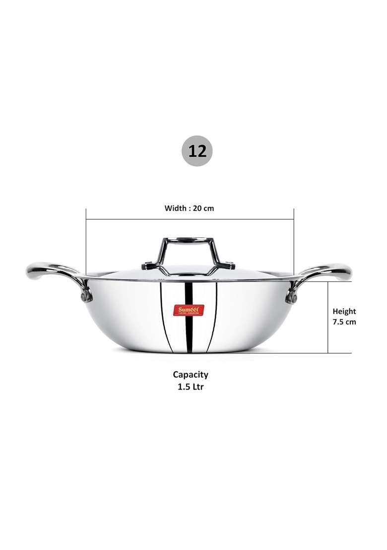 Sumeet Cook Smart TriPly Steel-Aluminium-Steel | 1.5 L | 1.6 Qt | 20 cm | 7.9 Inch | With Lid - Indya