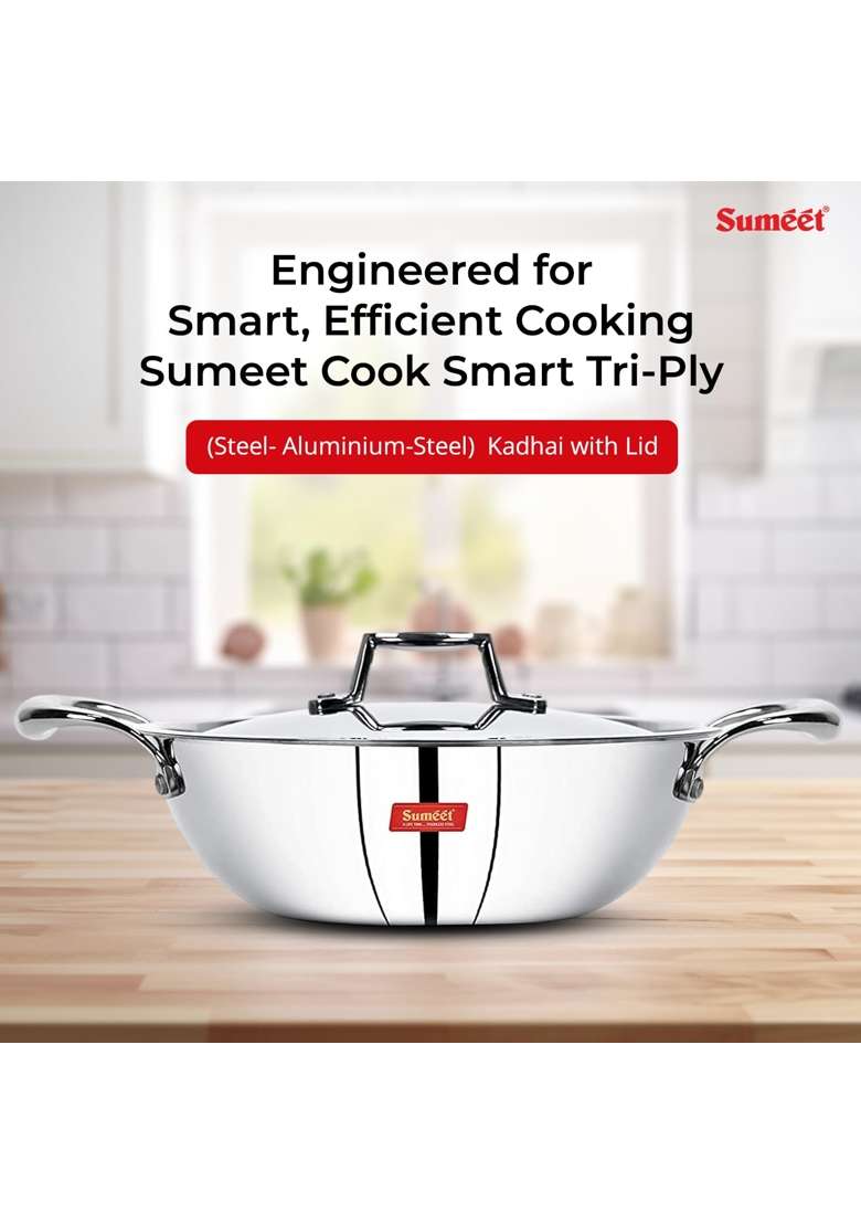 Sumeet Cook Smart TriPly Steel-Aluminium-Steel | 4 L | 4.2 Qt | 28 cm | 11 Inch | With Lid - Indya