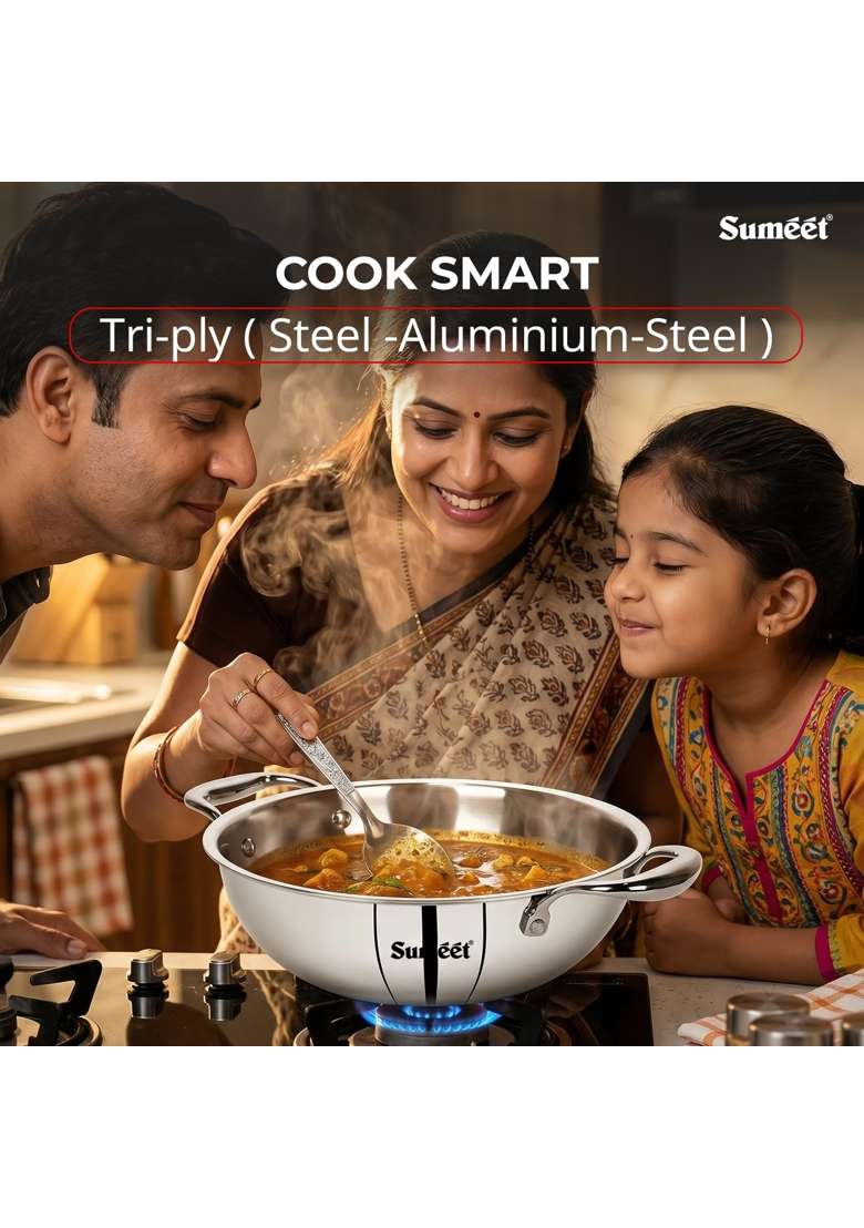 Sumeet Cook Smart TriPly Steel-Aluminium-Steel | 2 L | 2.1 Qt | 22 cm | 8.7 Inch | With Lid - Indya