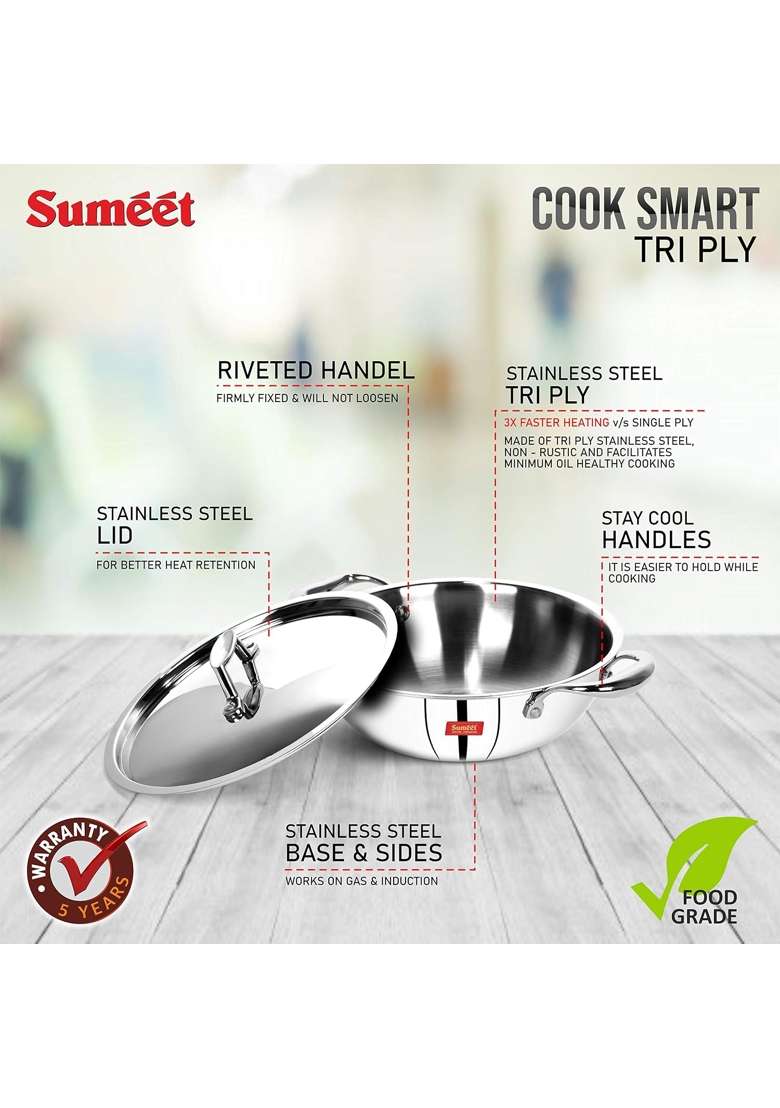 Sumeet Cook Smart TriPly Steel-Aluminium-Steel | 2 L | 2.1 Qt | 22 cm | 8.7 Inch | With Lid - Indya