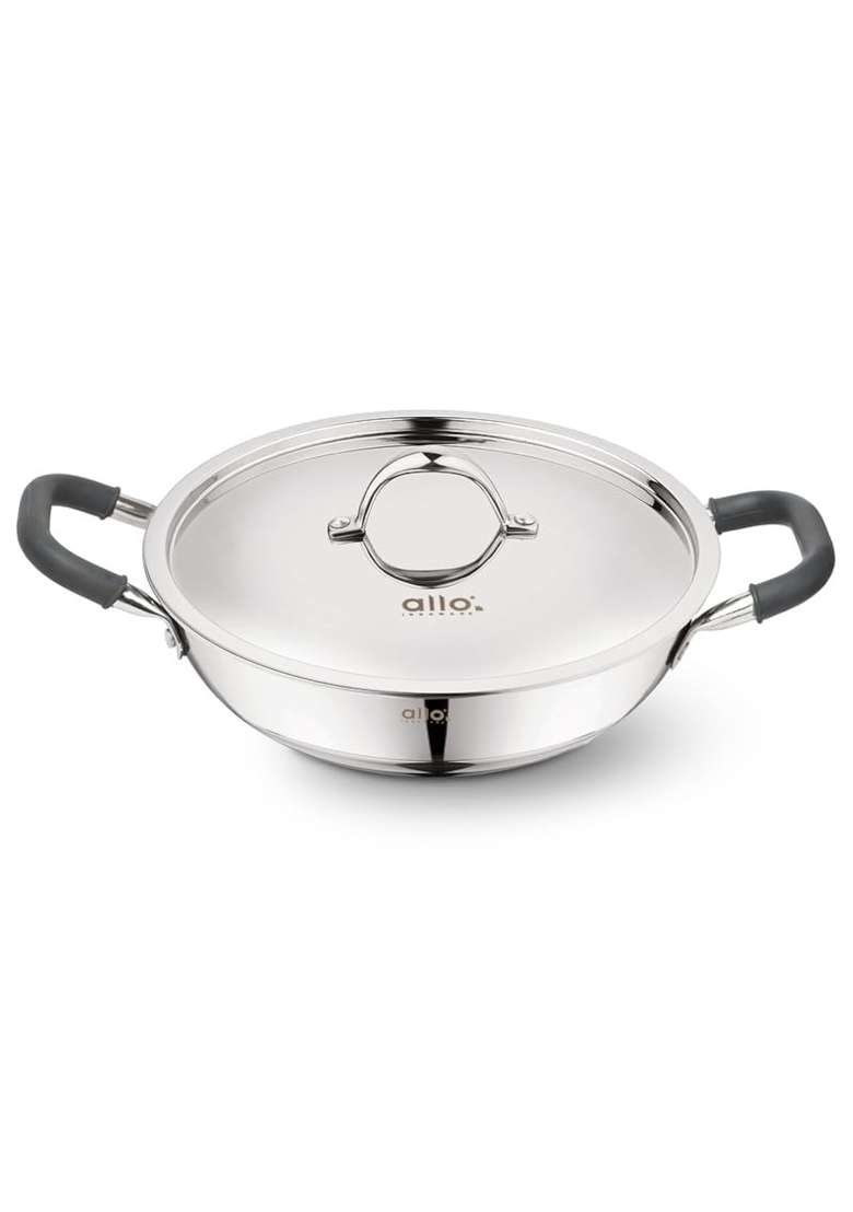 Allo Triply Stainless Steel Kadhai Wok with Handles | 1.5 L | 1.6 Qt | 20 cm | 7.9 Inch | Induction Compatible | Non-Stick - Indya