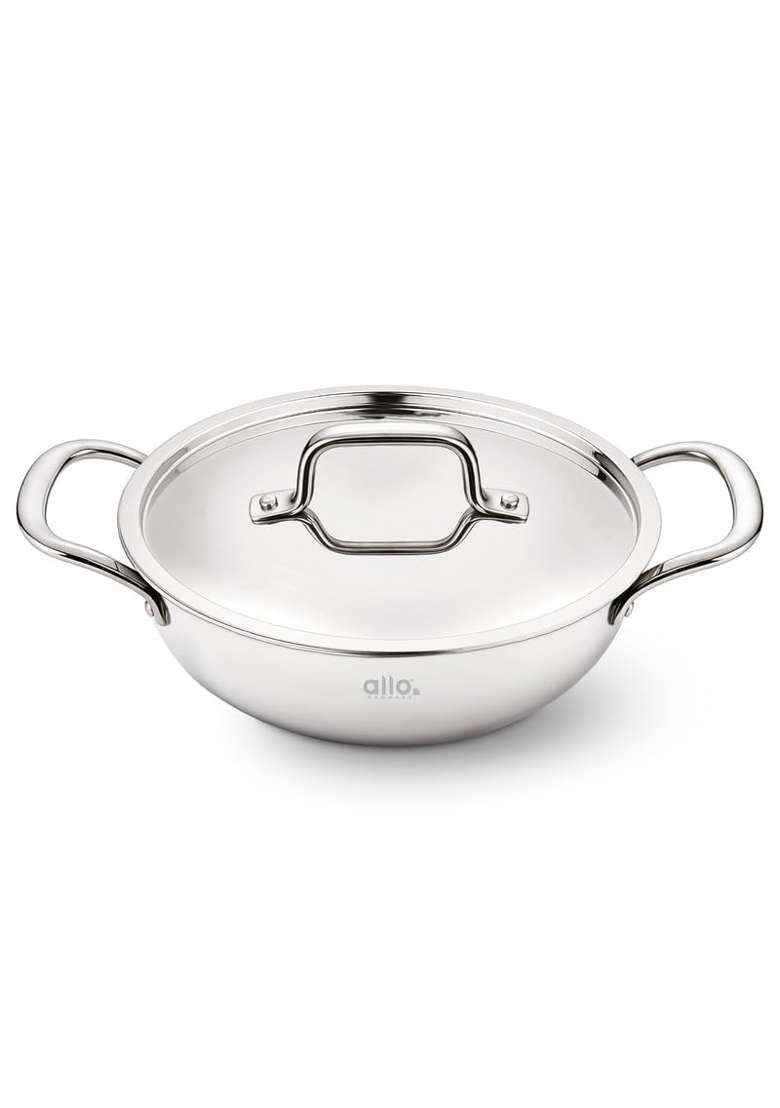 Allo Triply Stainless Steel Kadhai Wok with Handles | 1.5 L | 1.6 Qt | 20 cm | 7.9 Inch | Induction Compatible | Non-Stick | With Lid - Indya