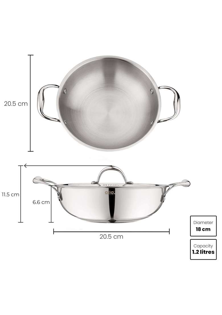 Allo Triply Stainless Steel Kadhai Wok with Handles | 1.2 L | 1.3 Qt | 18 cm | 7.1 Inch | Induction Compatible | Non-Stick | With Lid - Indya