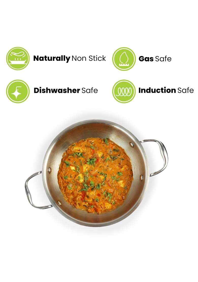 Allo Triply Stainless Steel Kadhai Wok with Handles | 1.2 L | 1.3 Qt | 18 cm | 7.1 Inch | Induction Compatible | Non-Stick | With Lid - Indya