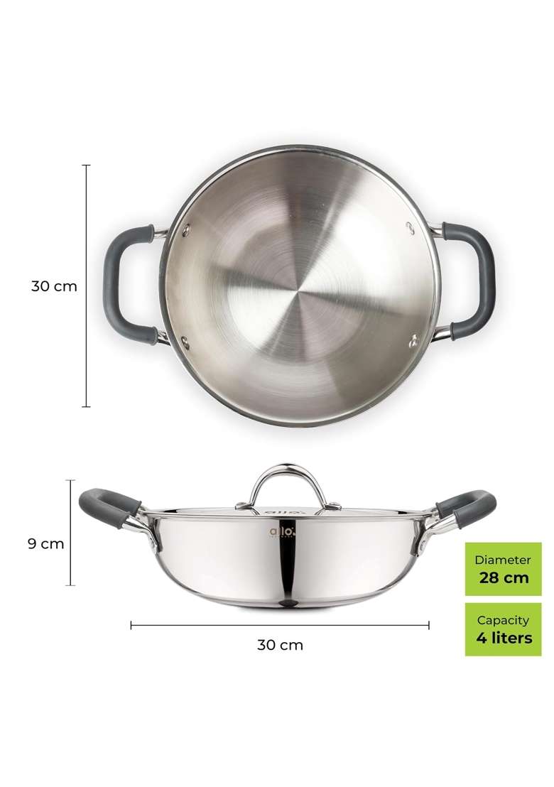 Allo Triply Stainless Steel Kadhai Wok with Handles | 4 L | 4.2 Qt | 28 cm | 11 Inch | Induction Compatible | Non-Stick | With Lid - Indya