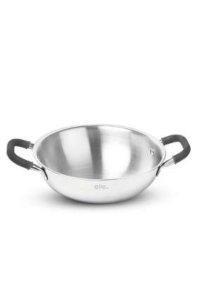 Allo Triply Stainless Steel Kadhai Wok with Handles | 3 L | 3.2 Qt | 26 cm | 10.2 Inch | Induction Compatible | Non-Stick