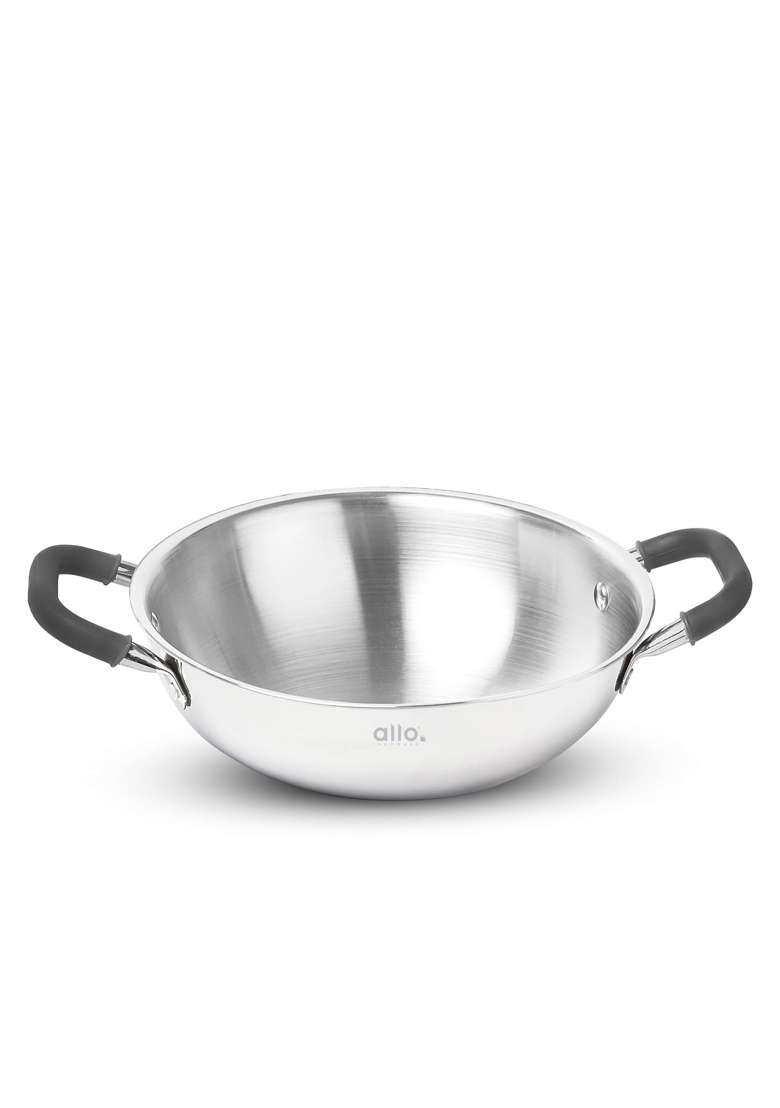 Allo Triply Stainless Steel Kadhai Wok with Handles | 3 L | 3.2 Qt | 26 cm | 10.2 Inch | Induction Compatible | Non-Stick - Indya