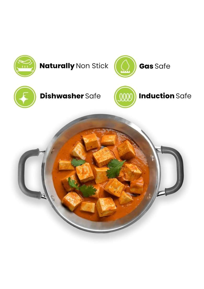 Allo Triply Stainless Steel Kadhai Wok with Handles | 3 L | 3.2 Qt | 26 cm | 10.2 Inch | Induction Compatible | Non-Stick - Indya