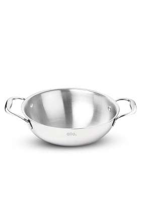 Allo Triply Stainless Steel Kadhai Wok with Handles | 1.2 L | 1.3 Qt | 18 cm | 7.1 Inch | Induction Compatible | Non-Stick
