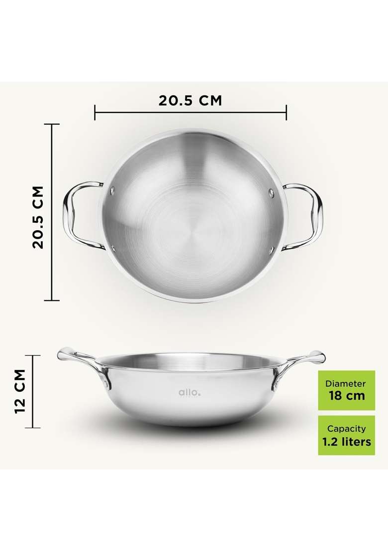 Allo Triply Stainless Steel Kadhai Wok with Handles | 1.2 L | 1.3 Qt | 18 cm | 7.1 Inch | Induction Compatible | Non-Stick - Indya