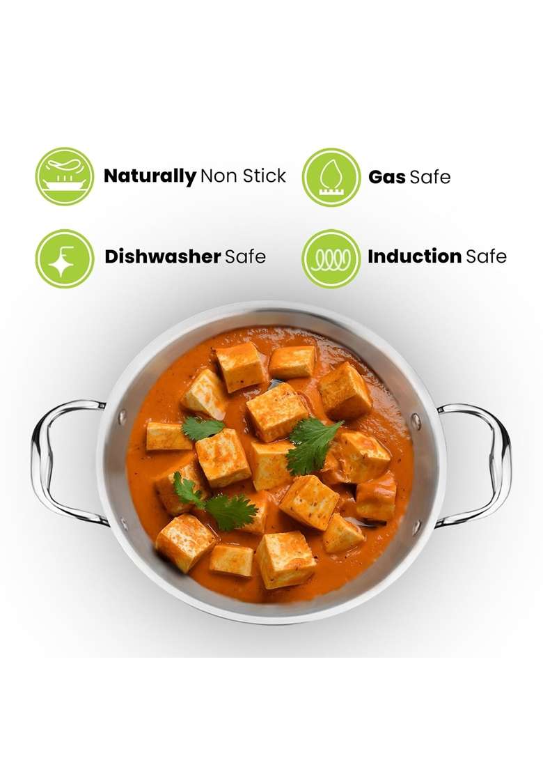 Allo Triply Stainless Steel Kadhai Wok with Handles | 1.2 L | 1.3 Qt | 18 cm | 7.1 Inch | Induction Compatible | Non-Stick - Indya
