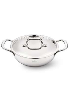 Allo Triply Stainless Steel Kadhai Wok with Handles | 2 L | 2.1 Qt | 22 cm | 8.7 Inch | Induction Compatible | Non-Stick | With Lid