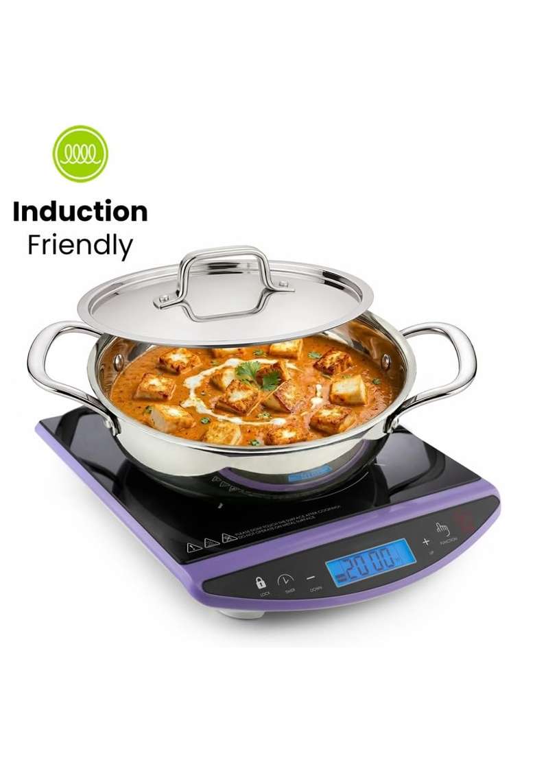 Allo Triply Stainless Steel Kadhai Wok with Handles | 2 L | 2.1 Qt | 22 cm | 8.7 Inch | Induction Compatible | Non-Stick | With Lid - Indya