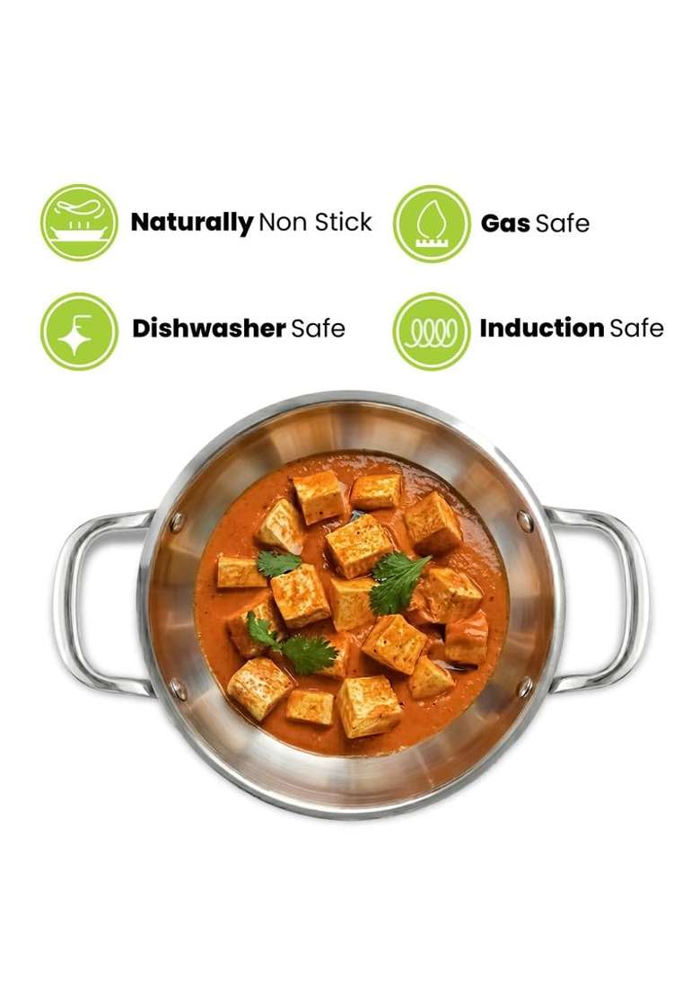 Allo Triply Stainless Steel Kadhai Wok with Handles | 2 L | 2.1 Qt | 22 cm | 8.7 Inch | Induction Compatible | Non-Stick | With Lid - Indya