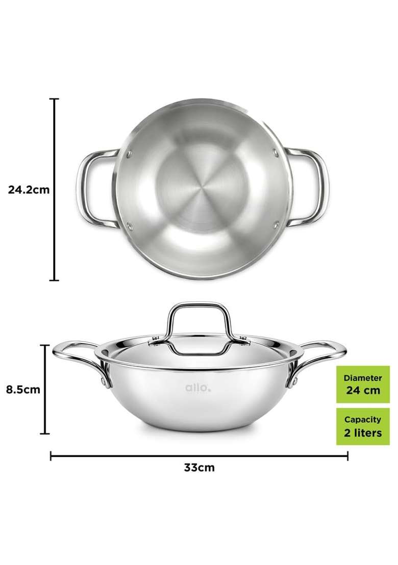 Allo Triply Stainless Steel Kadhai Wok with Handles | 2 L | 2.1 Qt | 22 cm | 8.7 Inch | Induction Compatible | Non-Stick | With Lid - Indya