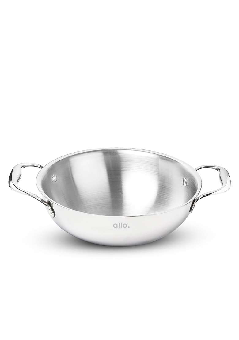 Allo Triply Stainless Steel Kadhai Wok with Handles | 2 L | 2.1 Qt | 22 cm | 8.7 Inch | Induction Compatible | Non-Stick - Indya