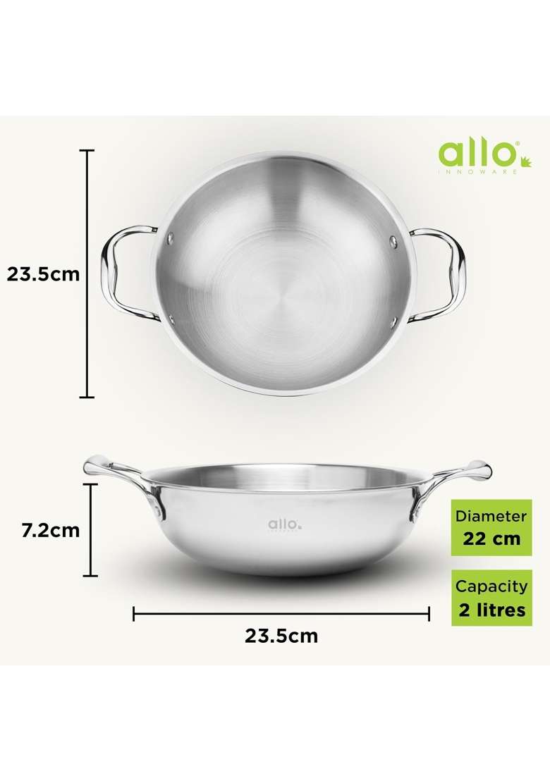 Allo Triply Stainless Steel Kadhai Wok with Handles | 2 L | 2.1 Qt | 22 cm | 8.7 Inch | Induction Compatible | Non-Stick - Indya