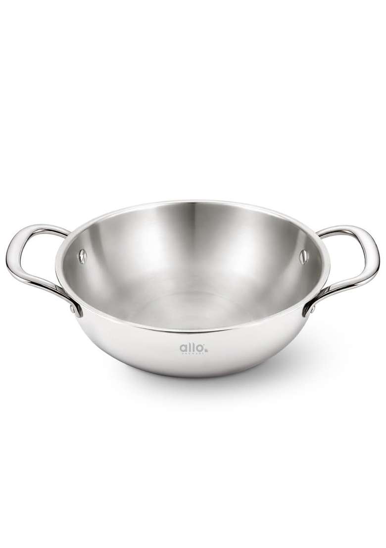 Allo Triply Stainless Steel Kadhai Wok with Handles | 2 L | 2.1 Qt | 22 cm | 8.7 Inch | Induction Compatible | Non-Stick - Indya