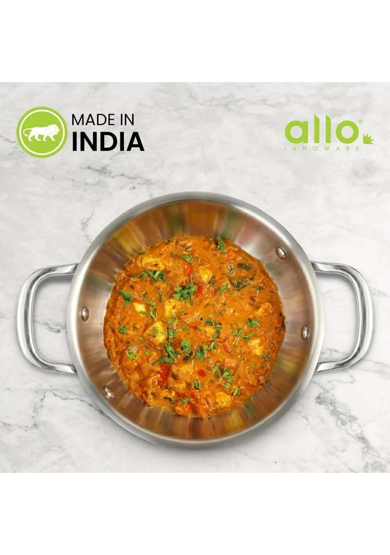 Allo Triply Stainless Steel Kadhai Wok with Handles | 2 L | 2.1 Qt | 22 cm | 8.7 Inch | Induction Compatible | Non-Stick - Indya