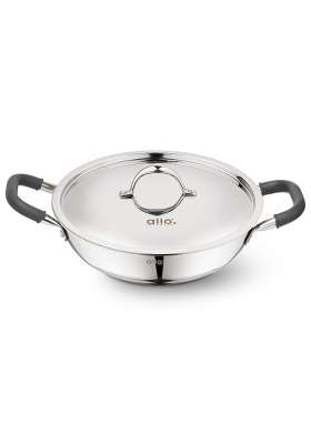 Allo Triply Stainless Steel Kadhai Wok with Handles | 2 L | 2.1 Qt | 22 cm | 8.7 Inch | Induction Compatible | Non-Stick | With Lid