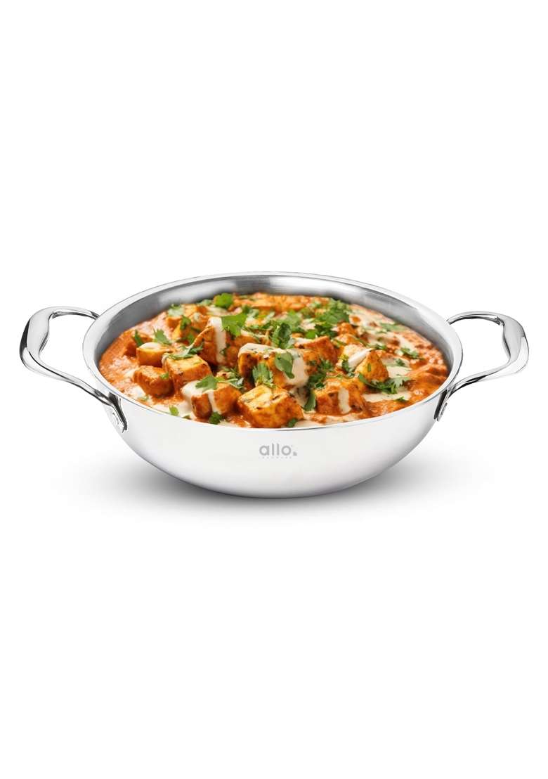 Allo Triply Stainless Steel Kadhai Wok with Handles | 2 L | 2.1 Qt | 22 cm | 8.7 Inch | Induction Compatible | Non-Stick | With Lid - Indya