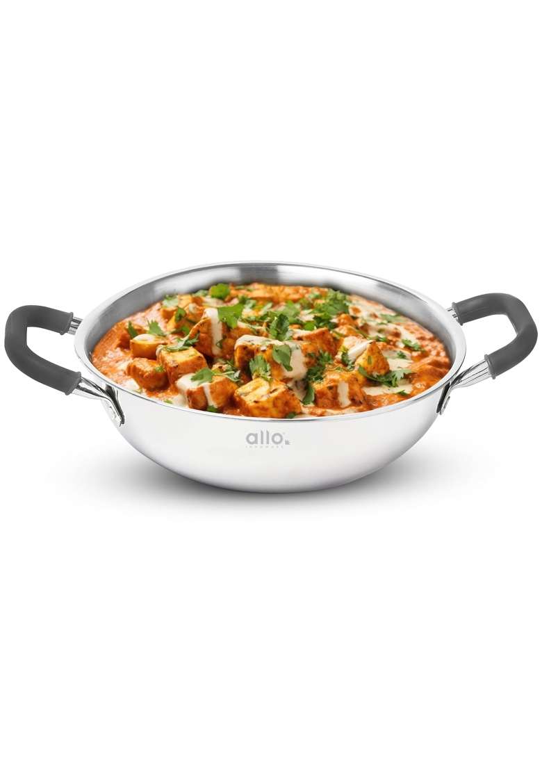 Allo Triply Stainless Steel Kadhai Wok with Handles | 2 L | 2.1 Qt | 22 cm | 8.7 Inch | Induction Compatible | Non-Stick | With Lid - Indya