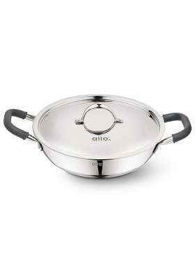 Allo Triply Stainless Steel Kadhai Wok with Handles | 1.5 L | 1.6 Qt | 20 cm | 7.9 Inch | Induction Compatible | Non-Stick | With Lid