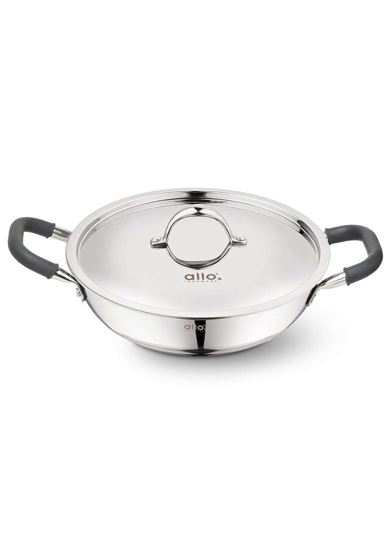 Allo Triply Stainless Steel Kadhai Wok with Handles | 3 L | 3.2 Qt | 26 cm | 10.2 Inch | Induction Compatible | Non-Stick | With Lid - Indya