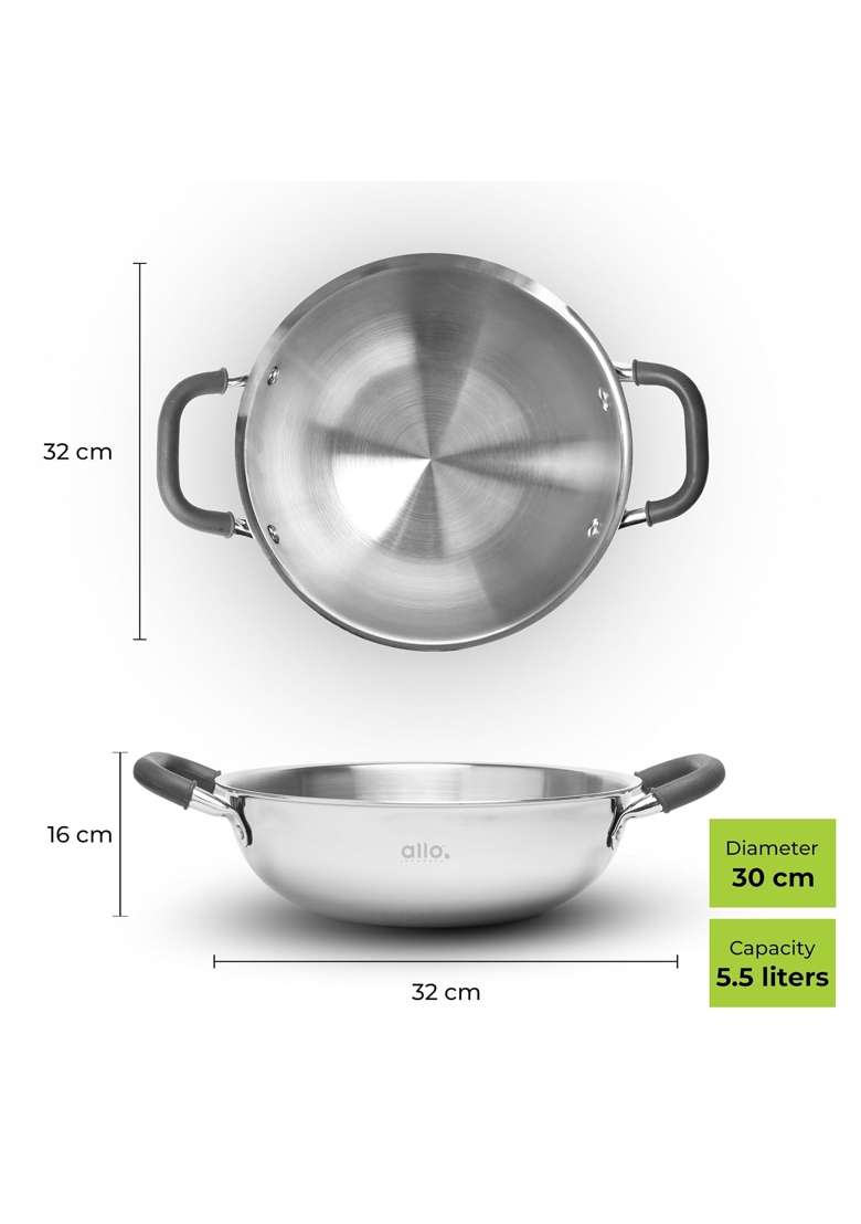 Allo Triply Stainless Steel Kadhai Wok with Handles | 5.5 L | 5.8 Qt | 30 cm | 11.8 Inch | Induction Compatible | Non-Stick - Indya