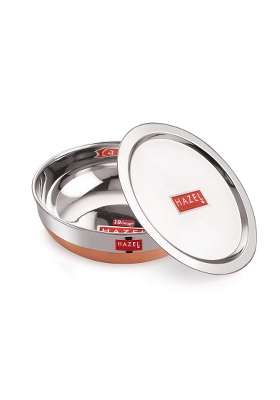 HAZEL 18 Gauge Premium Stainless Steel Tasra Kadhai Wok with Copper Bottom and Lid | 1.8 L | 1.9 Qt