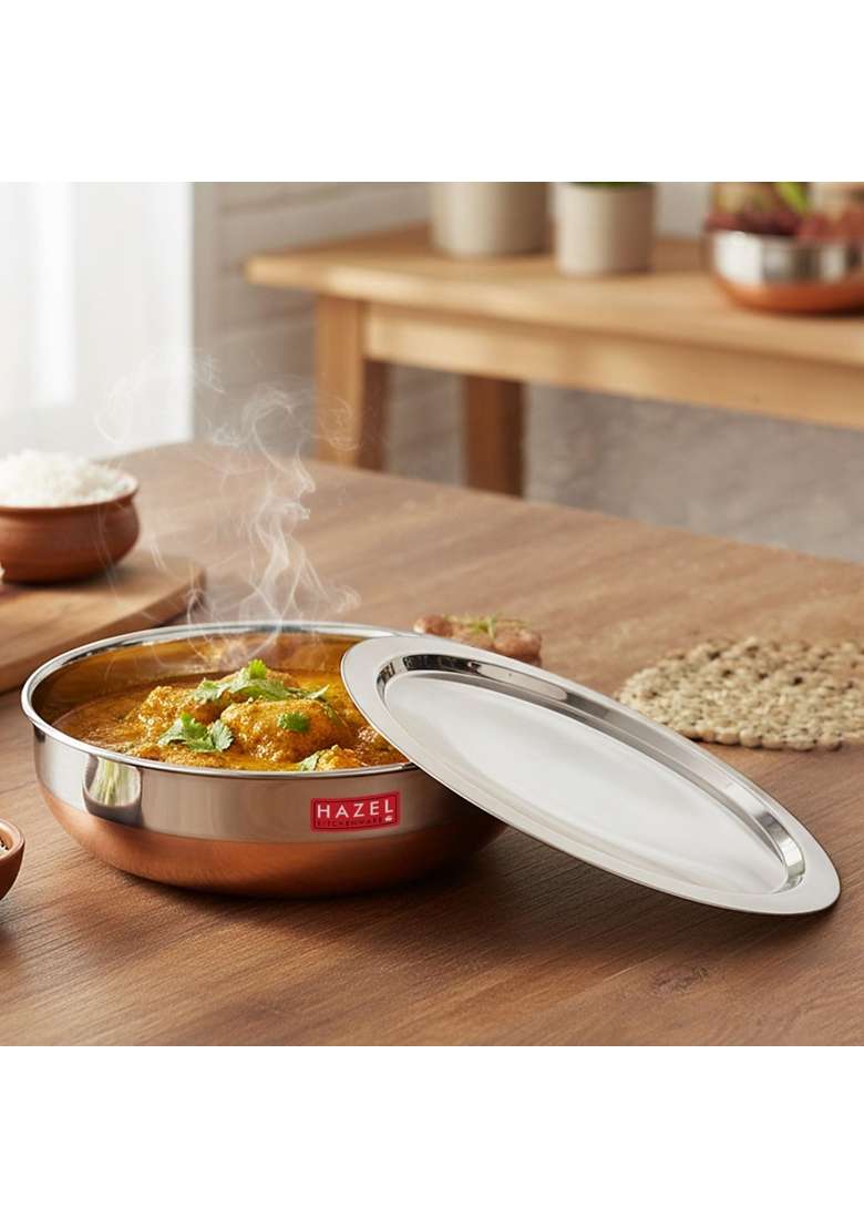 HAZEL 18 Gauge Premium Stainless Steel Tasra Kadhai Wok with Copper Bottom and Lid | 1.8 L | 1.9 Qt - Indya