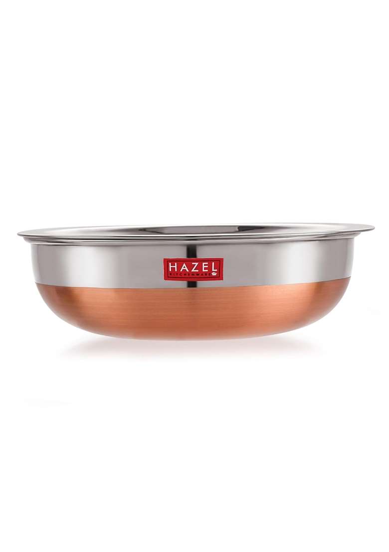 HAZEL 18 Gauge Premium Stainless Steel Tasra Kadhai Wok with Copper Bottom and Lid | 1.8 L | 1.9 Qt - Indya
