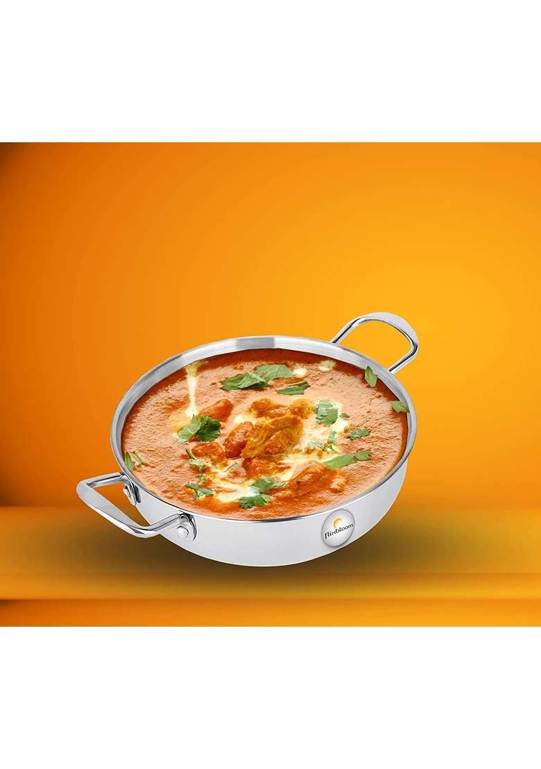 FLIXBLOOM Perfect Heavy Duty Stainless Steel Induction Bottom Cookware Kitchen Kadhai Wok | 3.5 L | 3.7 Qt - Indya