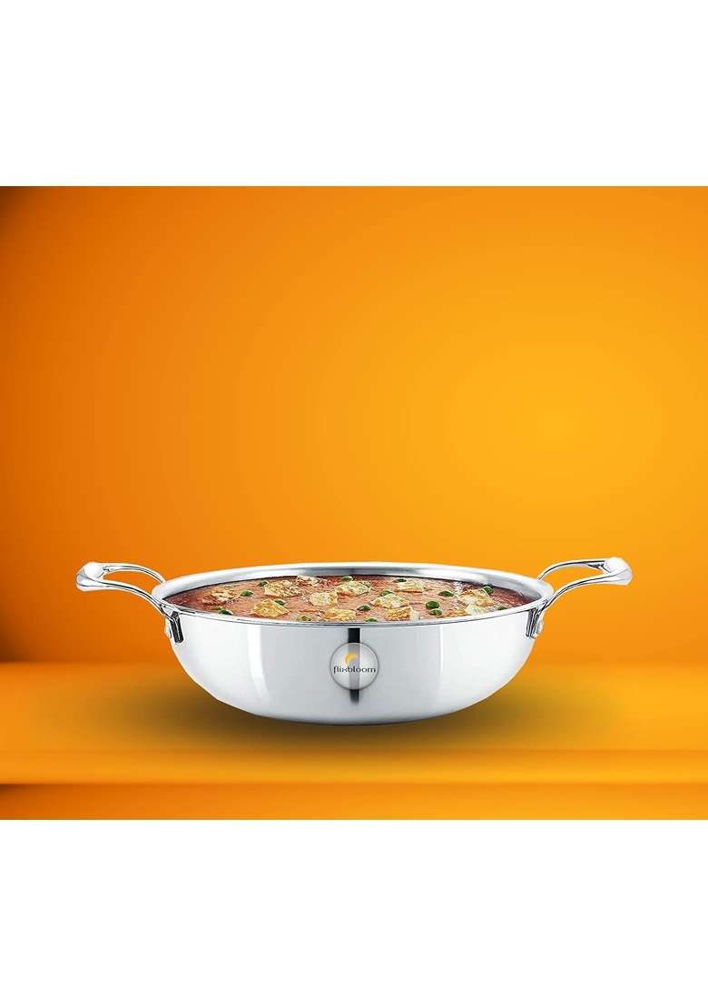 FLIXBLOOM Perfect Heavy Duty Stainless Steel Induction Bottom Cookware Kitchen Kadhai Wok | 3.5 L | 3.7 Qt | Tri-Ply - Indya