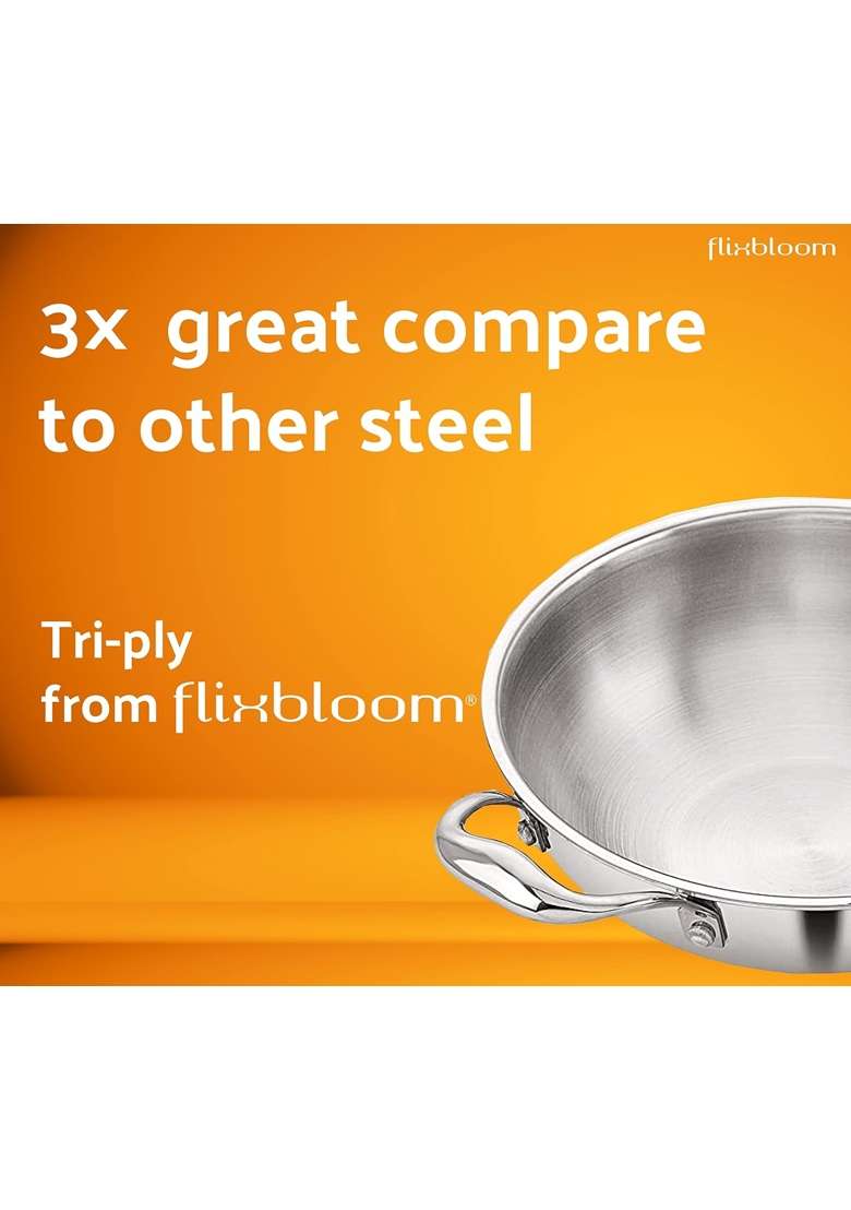 FLIXBLOOM Perfect Heavy Duty Stainless Steel Induction Bottom Cookware Kitchen Kadhai Wok | 3.5 L | 3.7 Qt | Tri-Ply - Indya