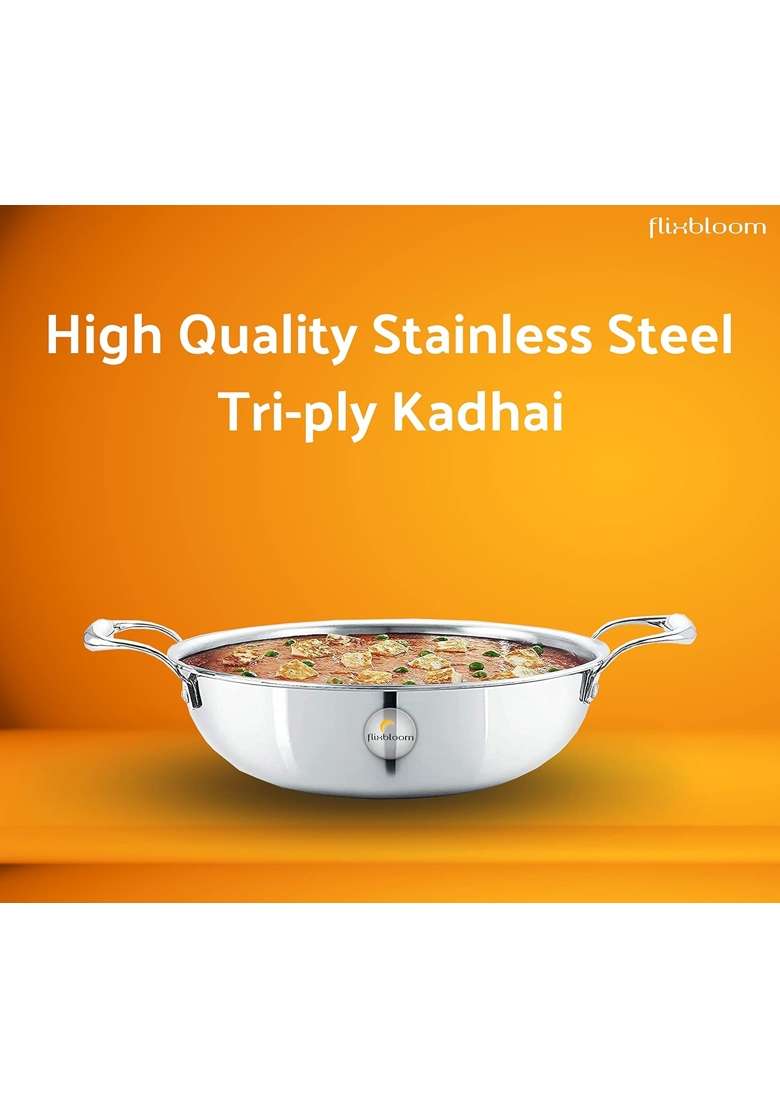 FLIXBLOOM Perfect Heavy Duty Stainless Steel Induction Bottom Cookware Kitchen Kadhai Wok | 3.5 L | 3.7 Qt | Tri-Ply - Indya