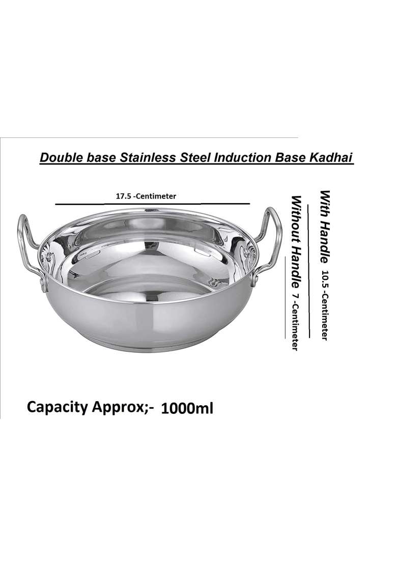 Bartan Star Steel Stainless Induction Base Kadai Wok for Cooking | 1000 ml | 33.8 fl oz - Indya