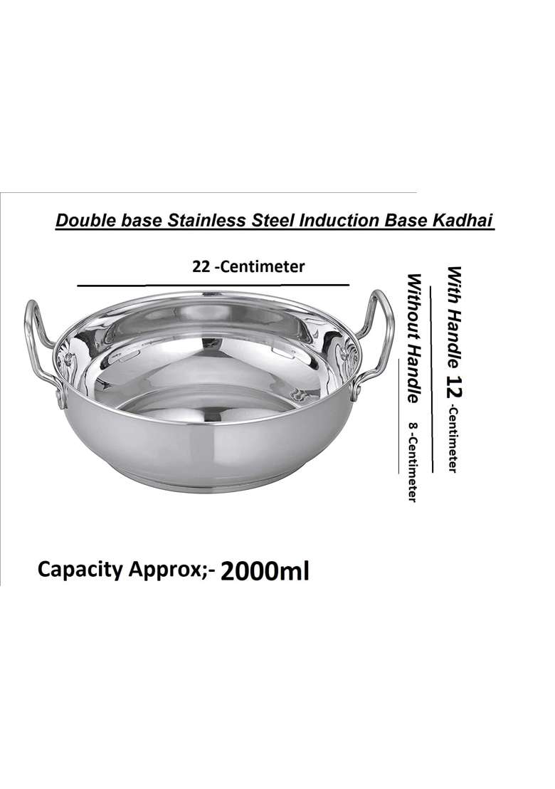 Bartan Star Steel Stainless Induction Base Kadai Wok for Cooking | 1000 ml | 33.8 fl oz - Indya