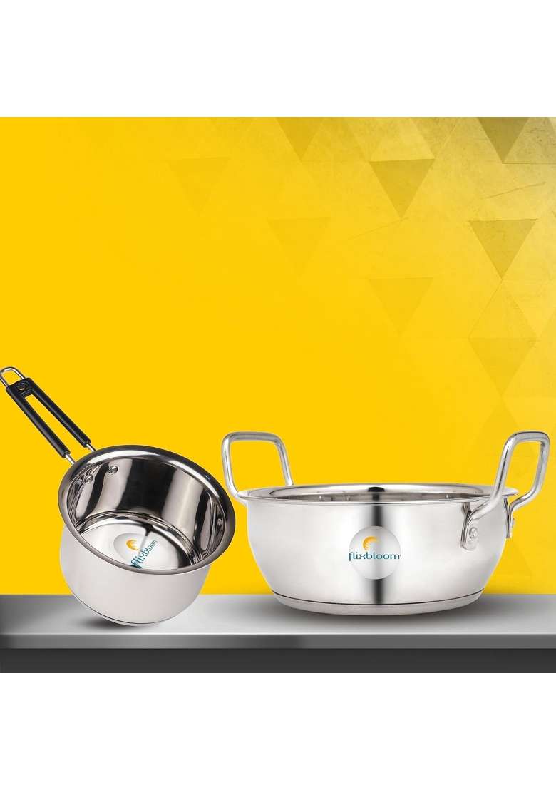 FLIXBLOOM Special Stainless Steel Induction Base Cookware Sets Combo Kitchen Utensils Set | 3.5 L | 3.7 Qt | Pack of 2 - Indya