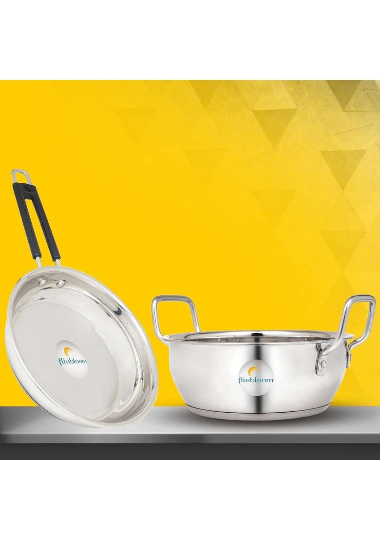 FLIXBLOOM Special Stainless Steel Induction Base Cookware Sets Combo Kitchen Utensils Set | 3.5 L | 3.7 Qt | Pack of 2 - Indya