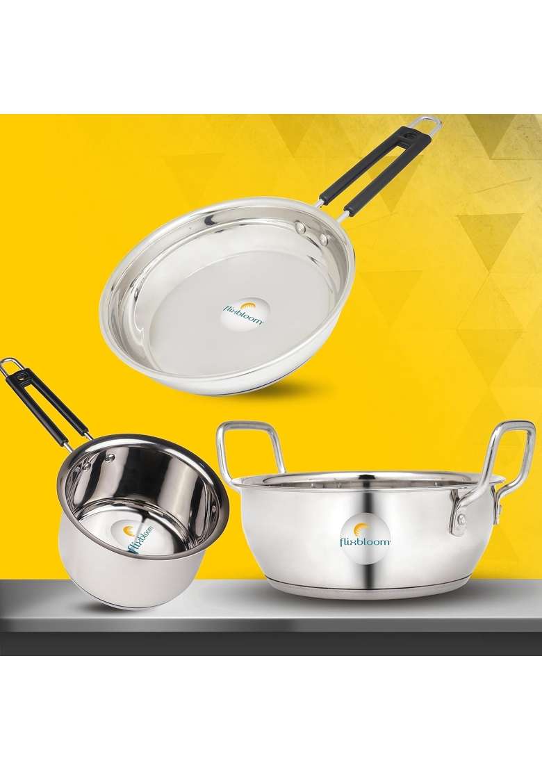 FLIXBLOOM Special Stainless Steel Induction Base Cookware Sets Combo Kitchen Utensils Set | 2 L | 2.1 Qt | Pack of 3 - Indya