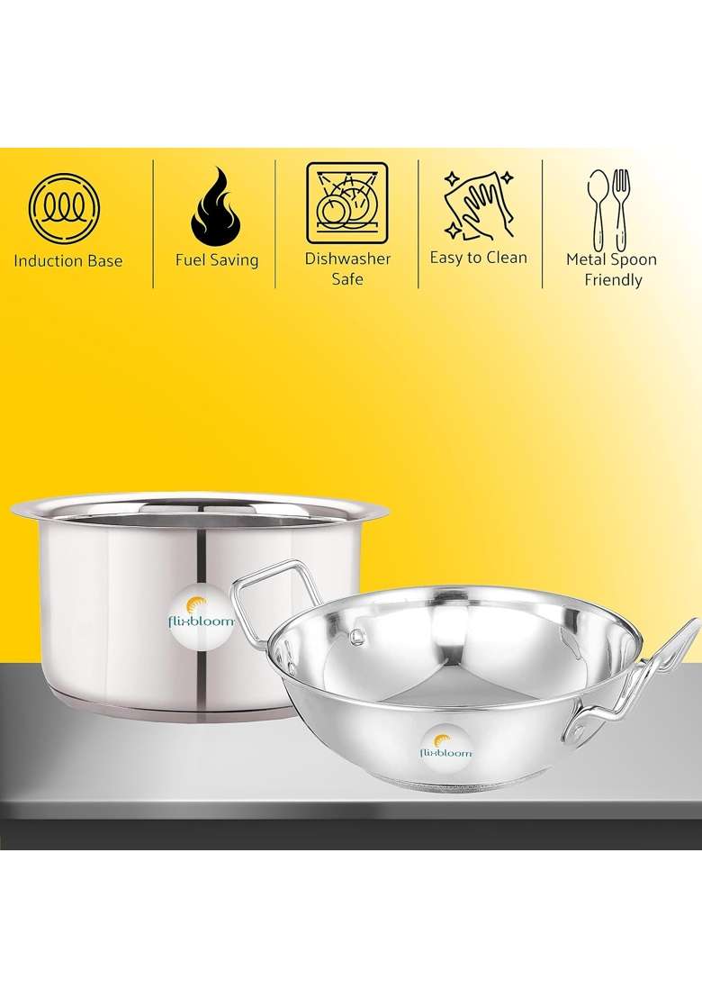 FLIXBLOOM Finest Stainless Steel Combo Utensils Cookware Sets Induction and LPG Friendly | 3.5 L | 3.7 Qt - Indya